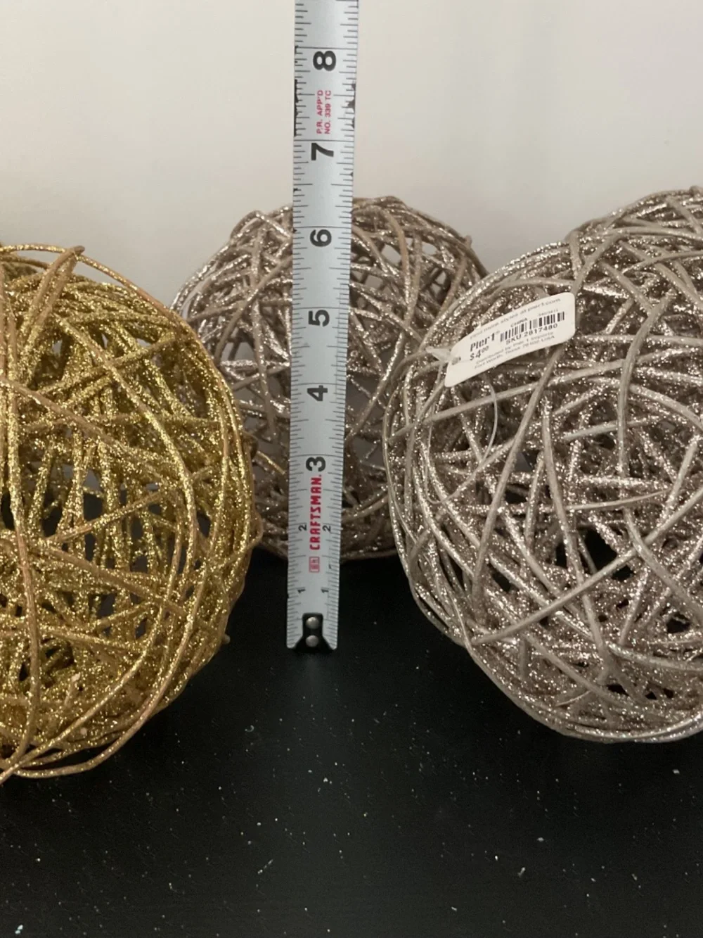 Pier 1 set of 7 Gold & Silver Glitter Round Wood Orbs Balls Holiday Decor